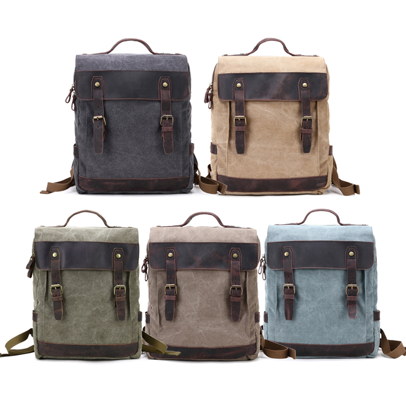 Laptop Genuine Leather Backpack Canvas Bag with Pockets