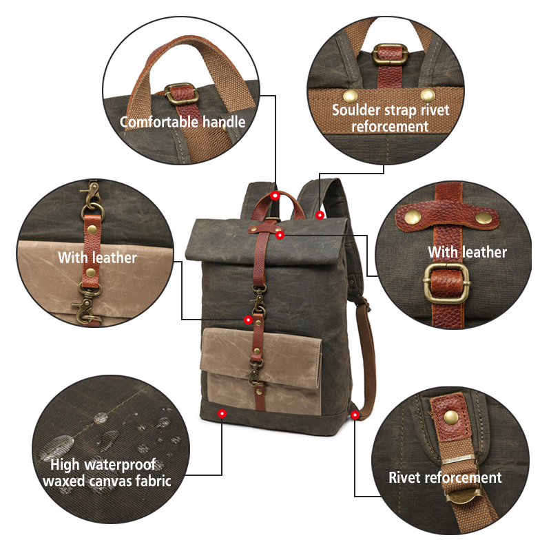 male waterproof waxed canvas leather travel outdoor backpack