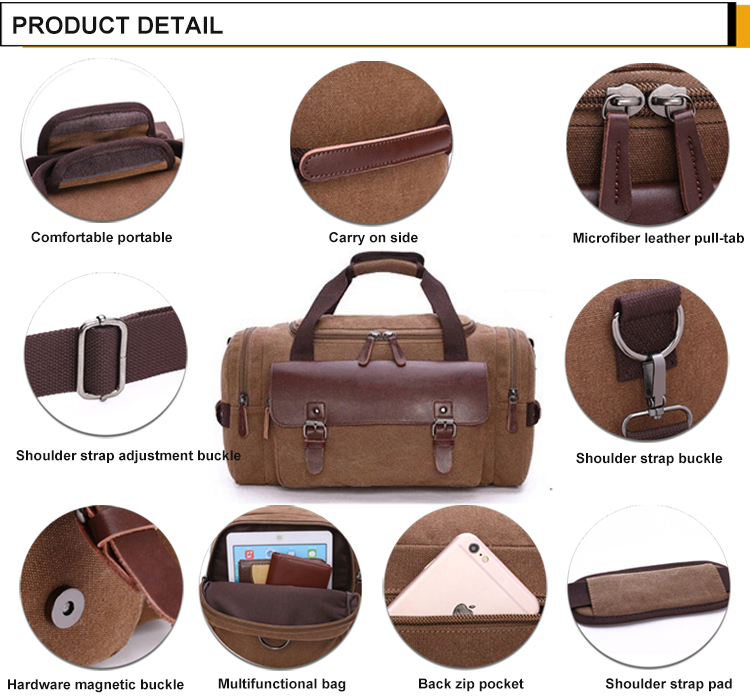 Large travel duffel canvas bag with leather handles