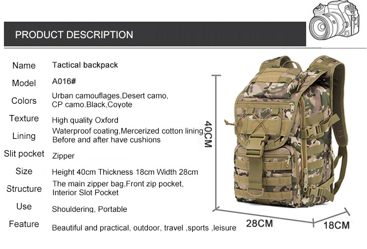 Supplier military mountaineering hiking waterproof backpack camouflage bag 