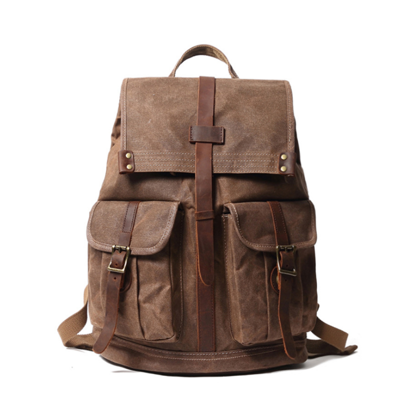 retro schoolbag waxed canvas leather school student backpack