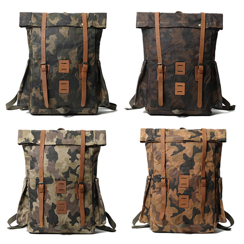 camo leather backpack waxed canvas bagpack for men