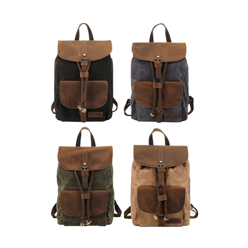 Waxed drawstring backbag waterproof leather backpack canvas bag 