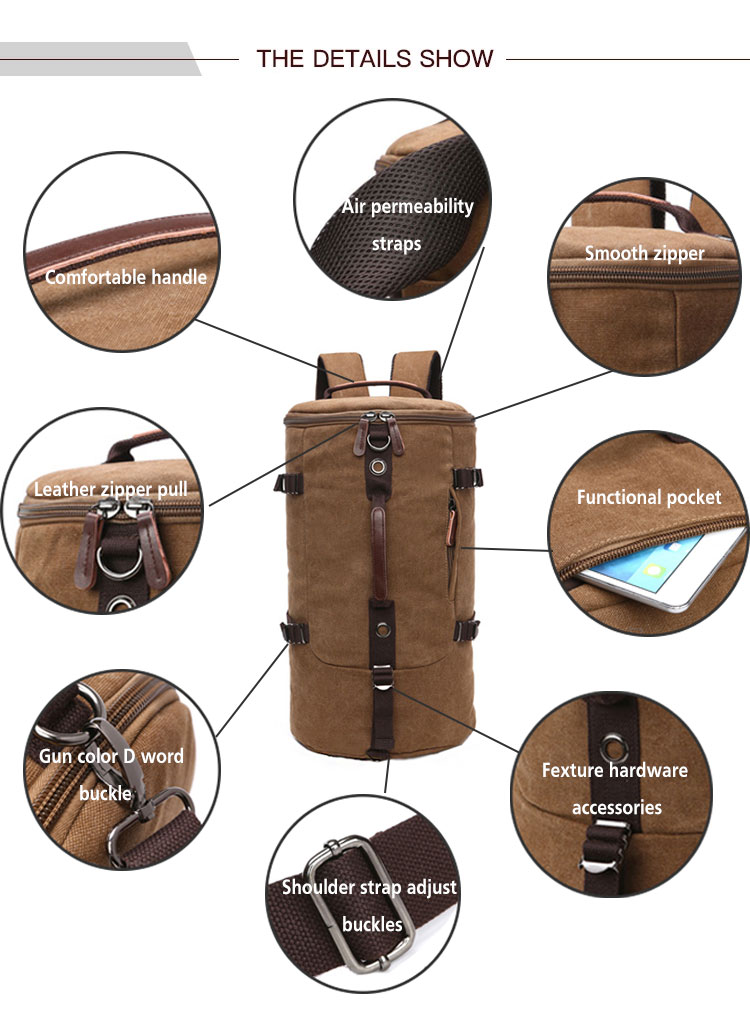 Custom Cylinder Leather Backpack Canvas Bag For Men