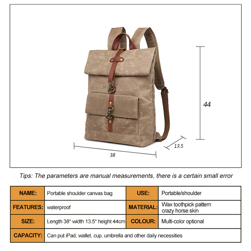male waterproof waxed canvas leather travel outdoor backpack