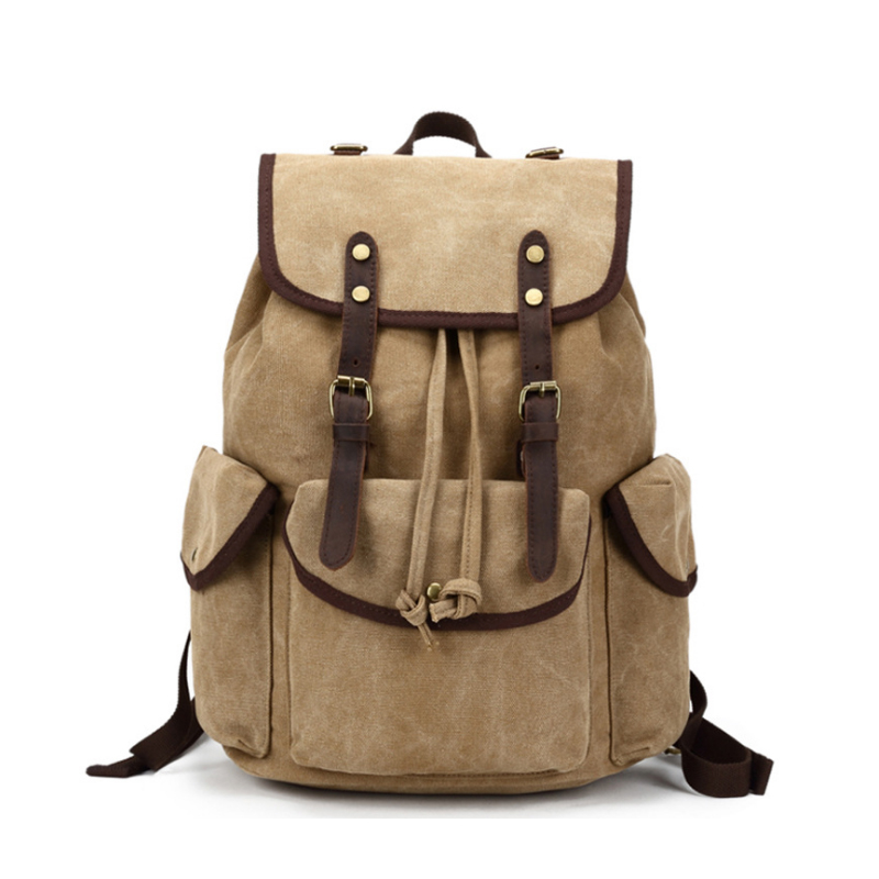 khaki leisure outdoor leather canvas college drawstring backpack