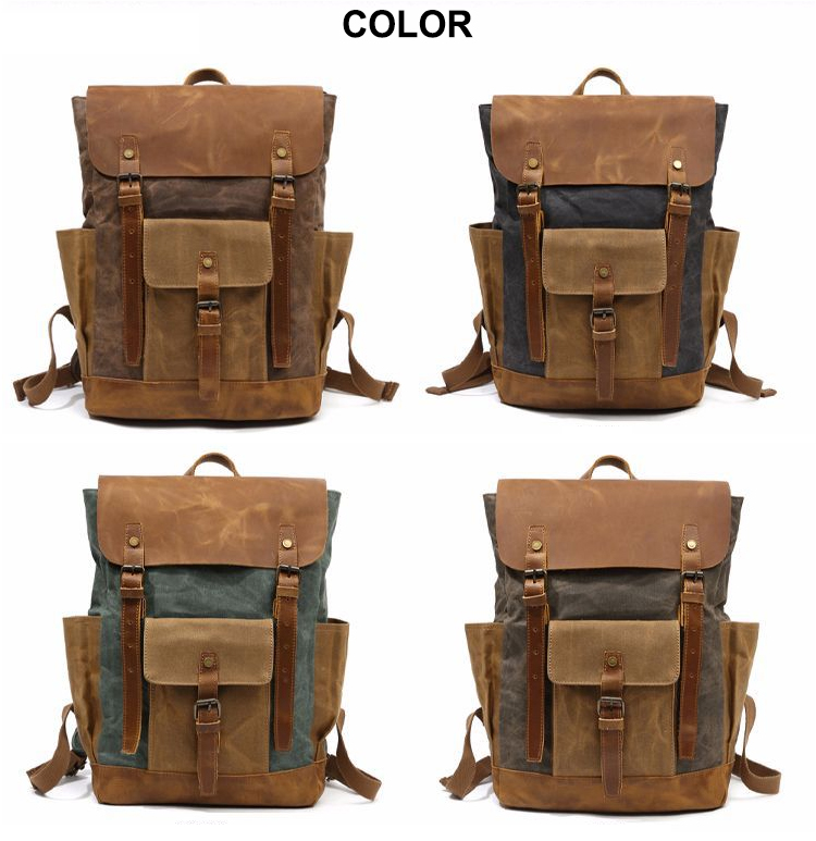 genuine leather cotton rucksack men wax canvas backpack bag 
