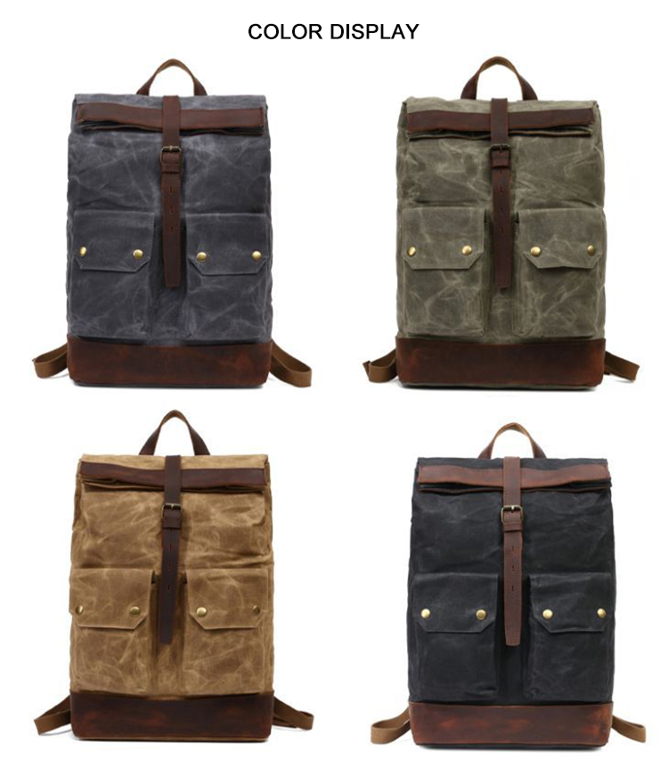 Vintage men laptop waxed leather backpack canvas bag