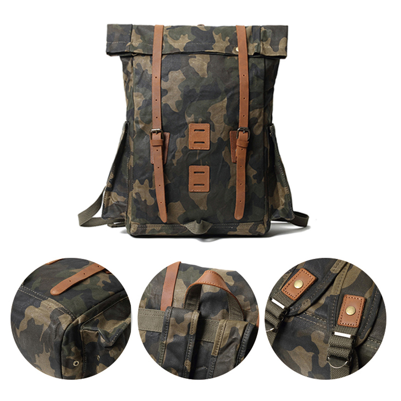 camo leather backpack waxed canvas bagpack for men