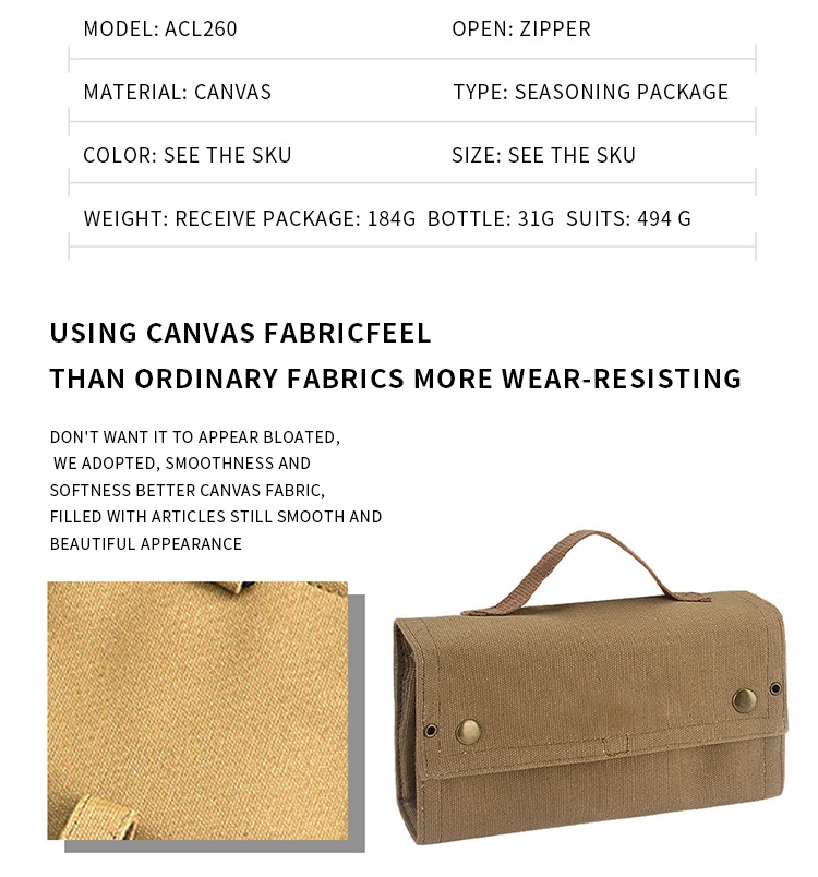 Foldable Spice Kit Portable Canvas Seasoning Storage Bag 