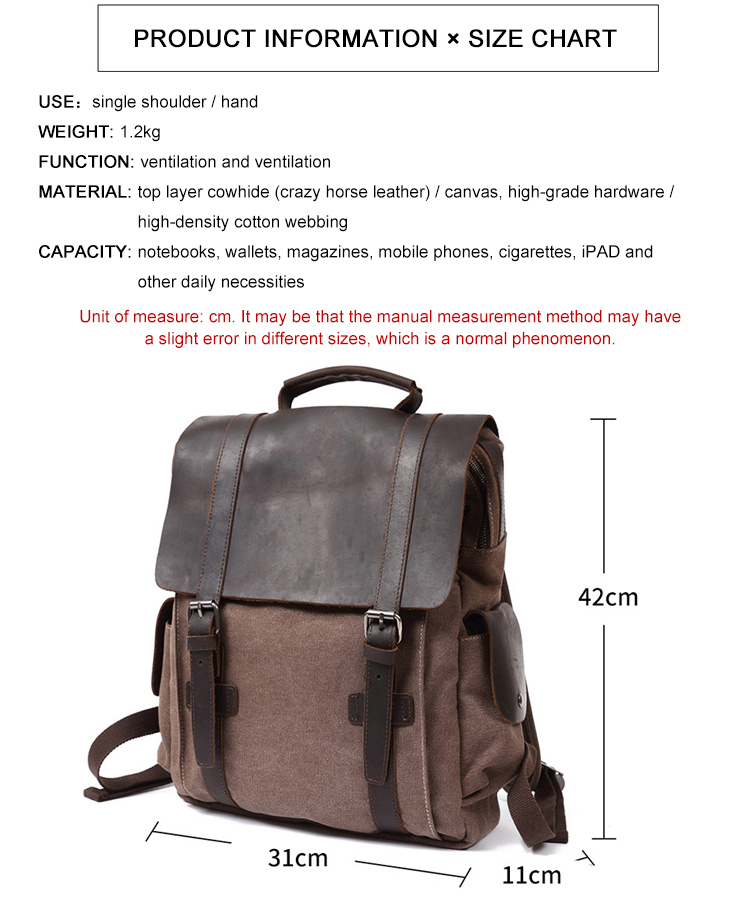 teenagers leisures washed canvas leather vintage backpack bag