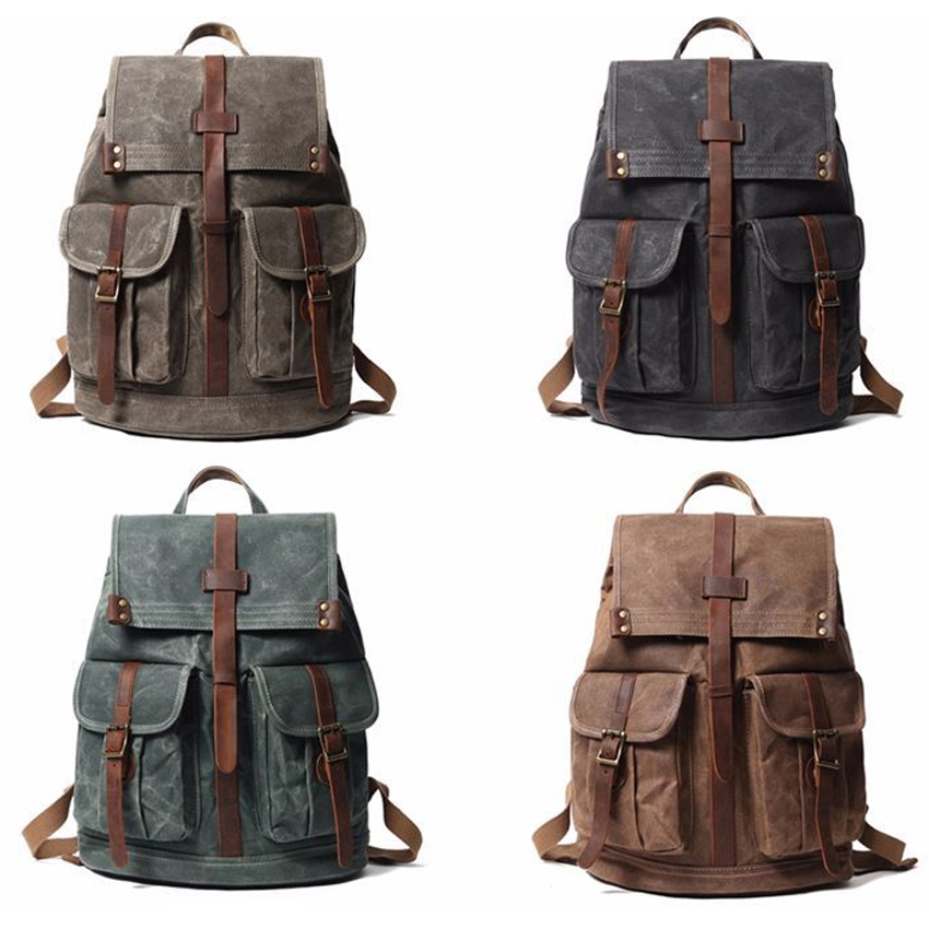 retro schoolbag waxed canvas leather school student backpack