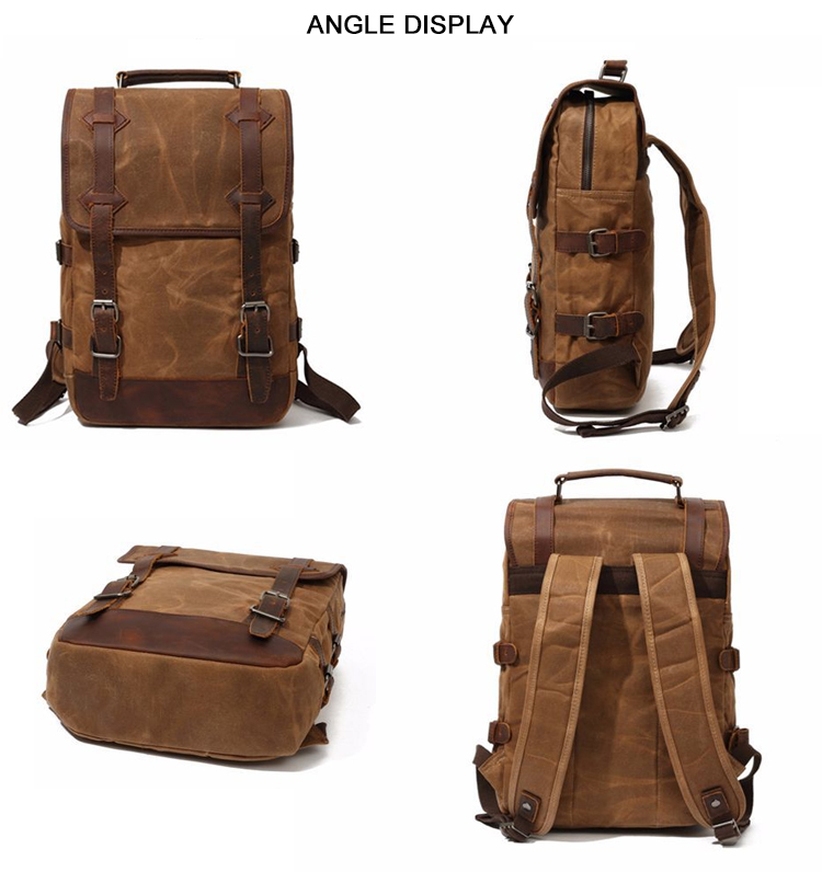waxed canvas bagpack leather outdoor laptop men backpack