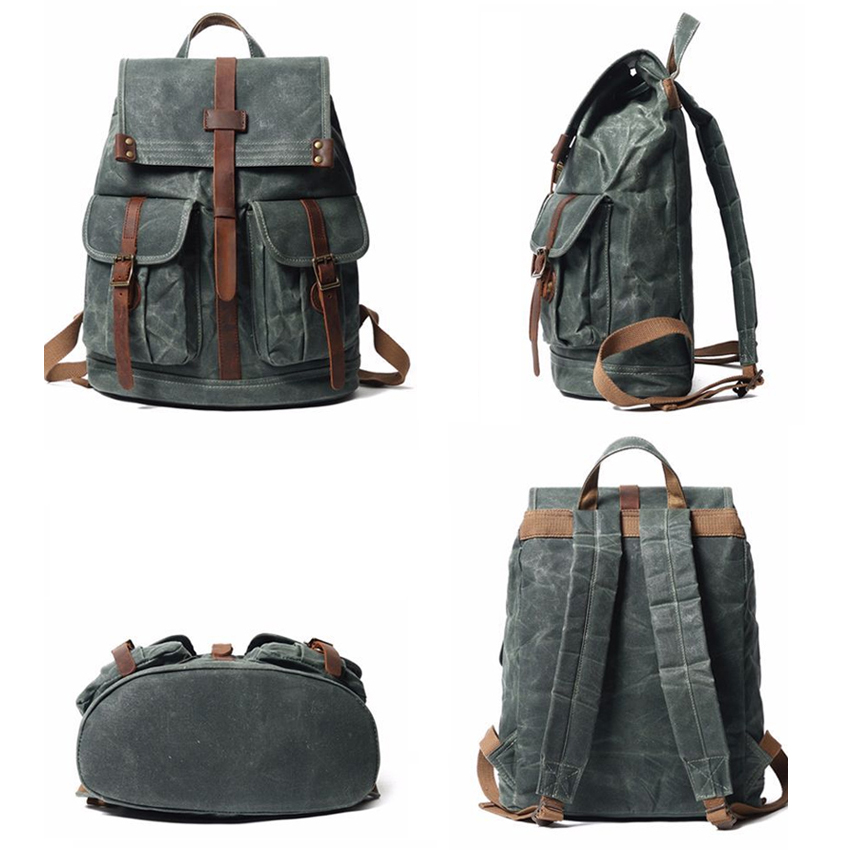 retro schoolbag waxed canvas leather school student backpack