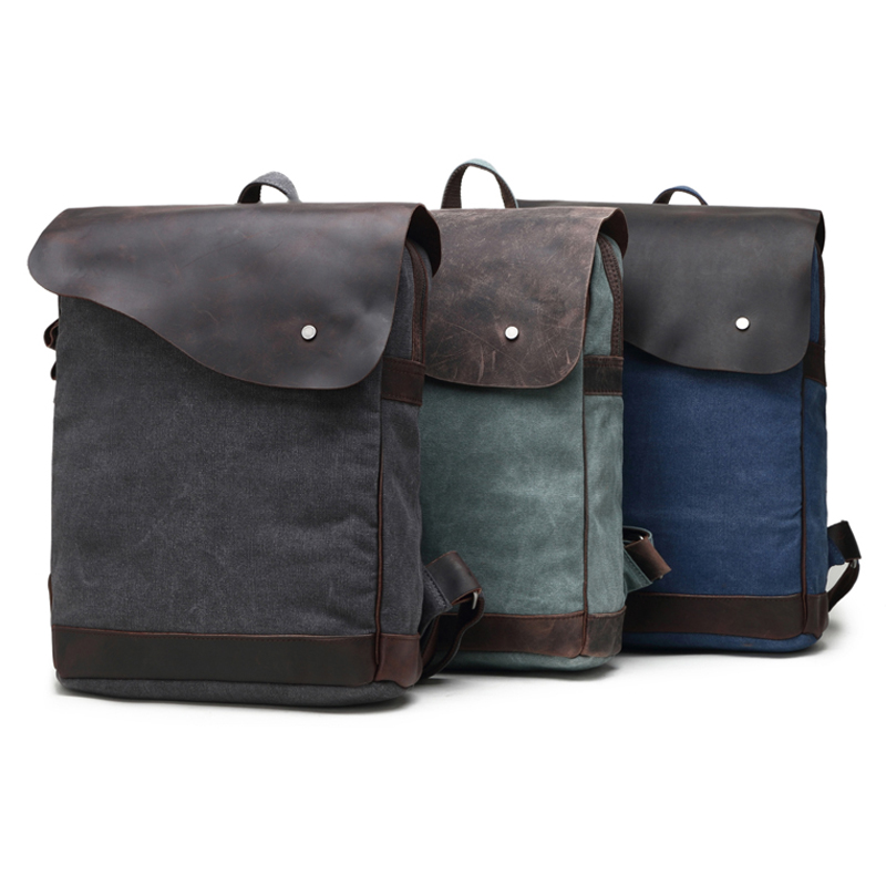 men travel knapsack genuine leather navy canvas backpack