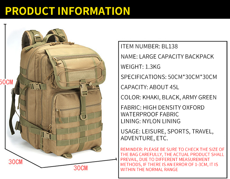 Mountaineering travel camping 45L tactical backpack camouflage bag