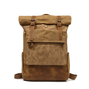 Large travel vintage waxed canvas leather backpack bag 