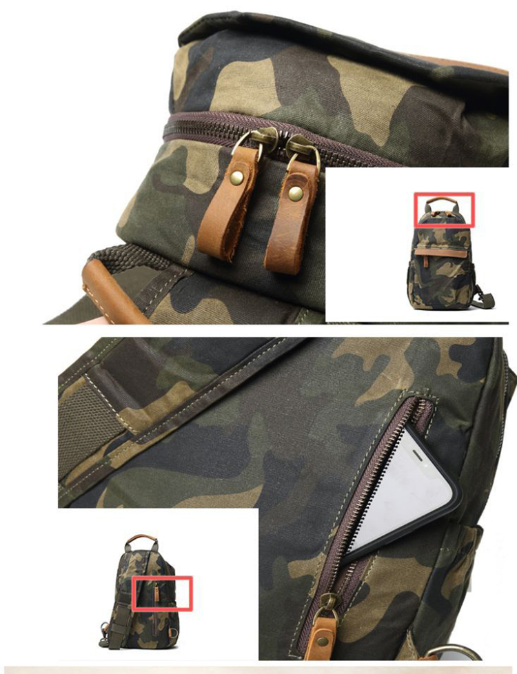 Outdoor canvas leather one shoulder camouflage men chest bag