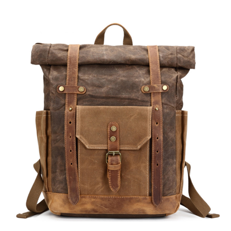 Retro waxed waterproof canvas leather travel backpack bag 