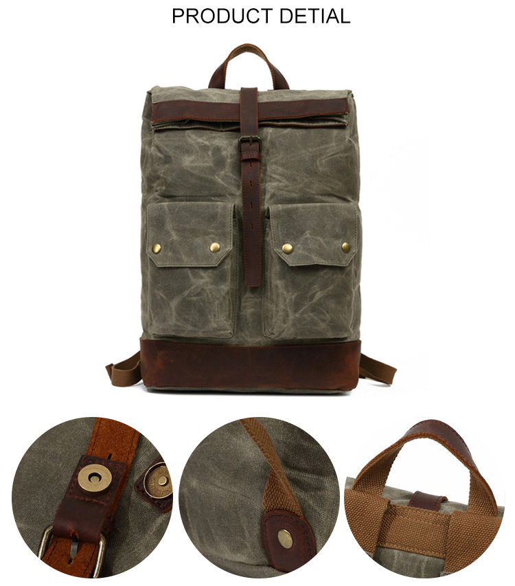 Vintage men laptop waxed leather backpack canvas bag