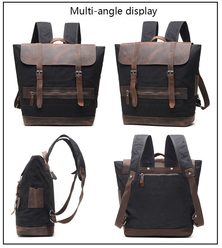 canvas genuine leather rucksack laptop school backpack bag 