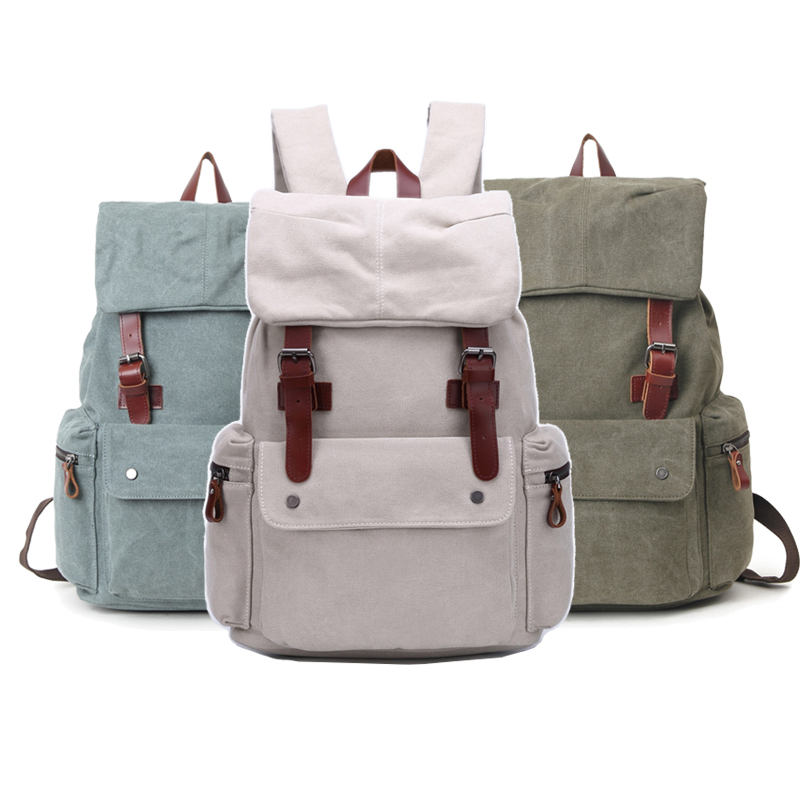 Canvas genuine leather bookbags vintage travel laptop backpack