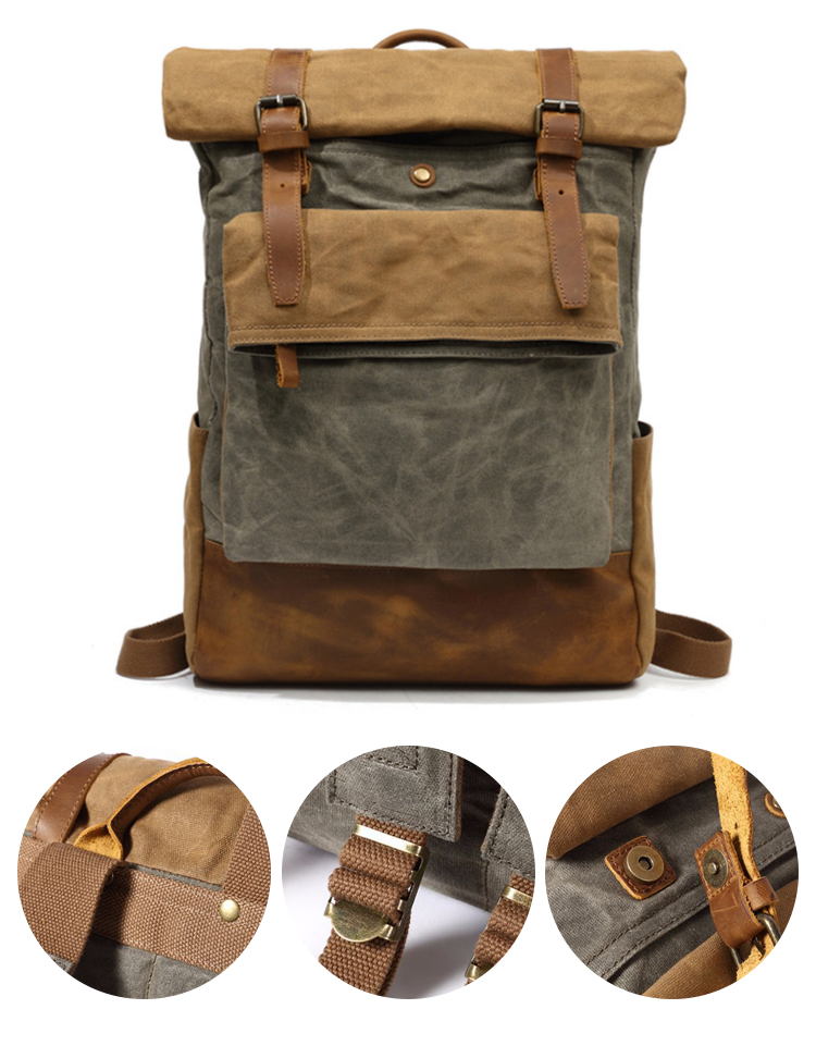Large travel vintage waxed canvas leather backpack bag 