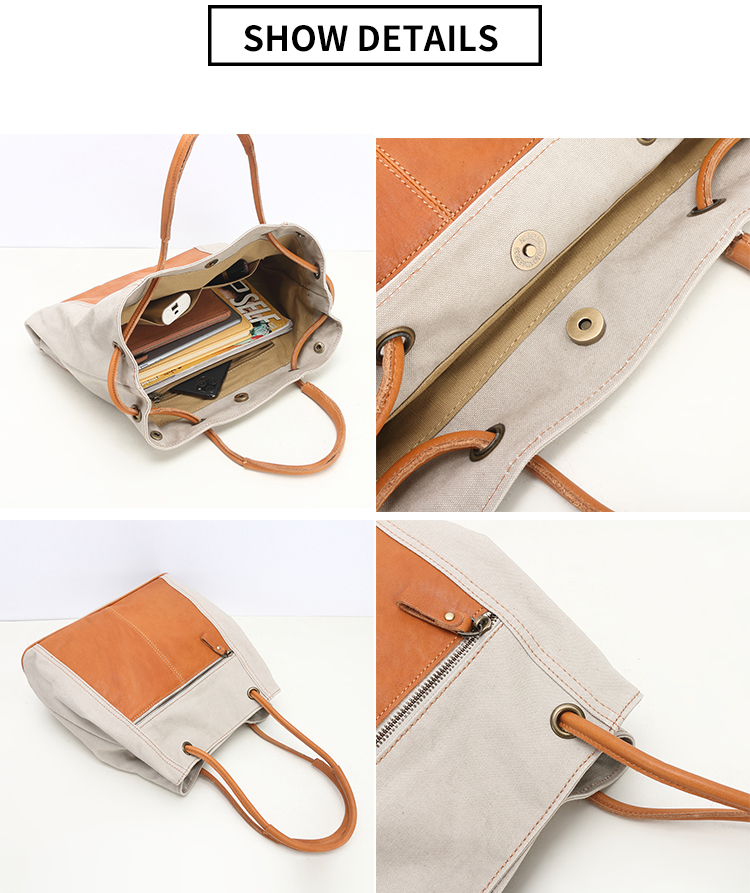 Cotton Shoulder Tote Canvas Bag With Vegetable Tanned