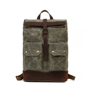 Vintage men laptop waxed leather backpack canvas bag